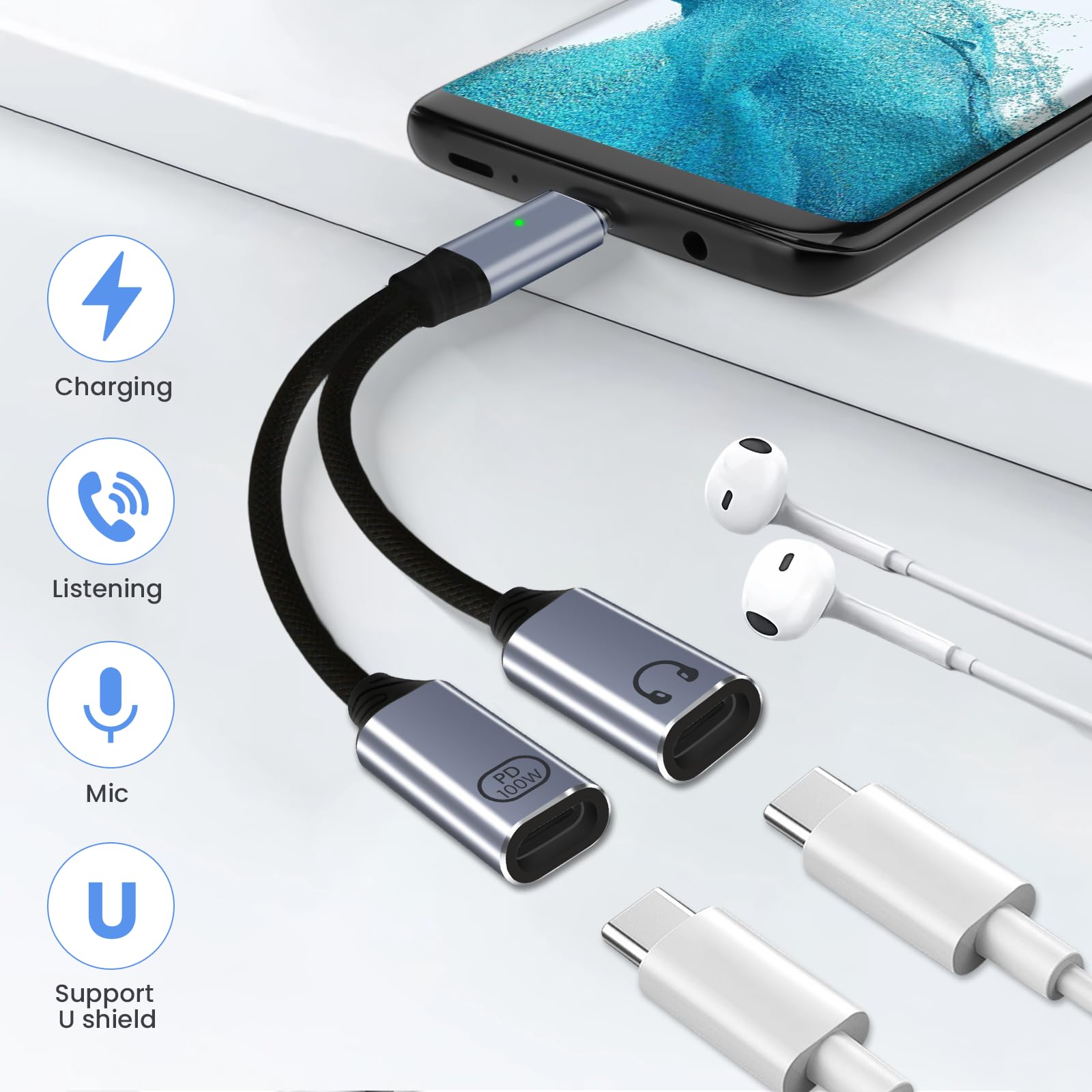 Adattatore di ricarica USB-C Splitter a doppia porta, convertitore audio PD 100W ricarica rapida Gray