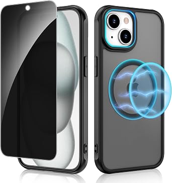 Ruky for iPhone 15 Case Compatible with MagSafe, Black | [with Screen Protector] Translucent Shockproof Slim Protective Phone Case for iPhone 15 6.1 inch, Black