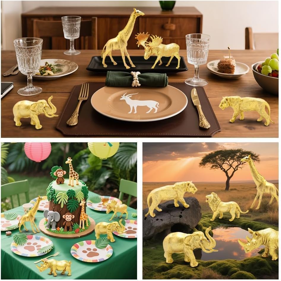 Metallic Gold Plastic Animal Figurines Toys, 12PCS Golden Safari Zoo Animal Figures, Jungle Wild Animals for Baby Shower Decor, Safari Themed Birthday Party, Christmas Decoration Gifts