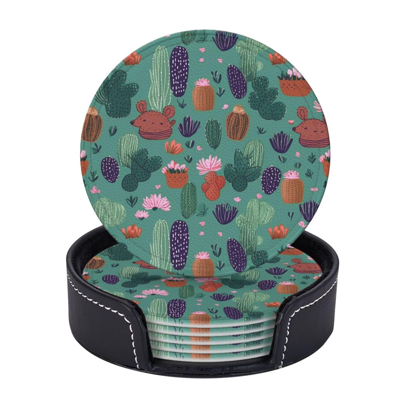 6PCS Drink Coasters with Holder, 4" Leather Coasters for Drinks, Cactus Pattern Cup Coasters for Coffee Table Decor, Non-Slip Drinking Cup Mat for Hot or Cold Drink