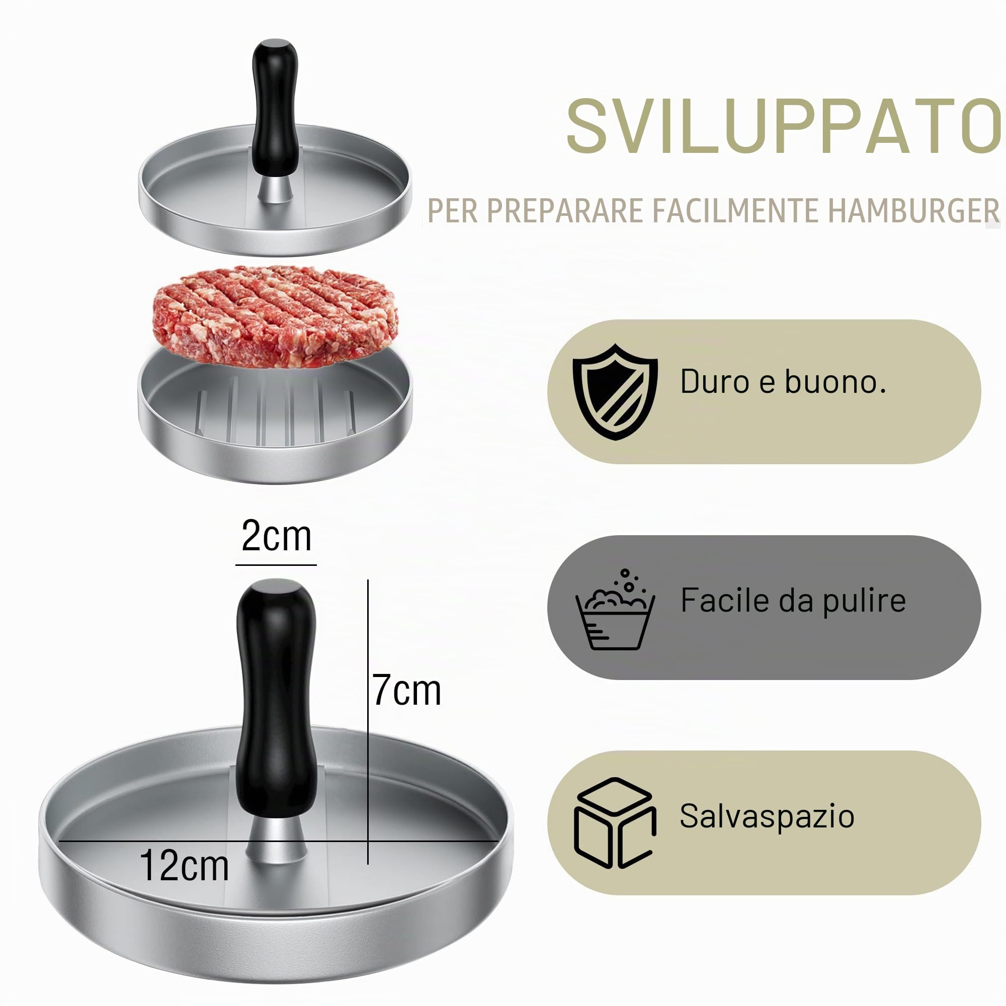 JUANSHI® Pressa per Hamburger con 100 Fogli di Carta da Forno Stampo per Hamburger Rivestimento Antiaderente Pressa per Hamburger, 12 cm Macchina per Hamburger (Argento)
