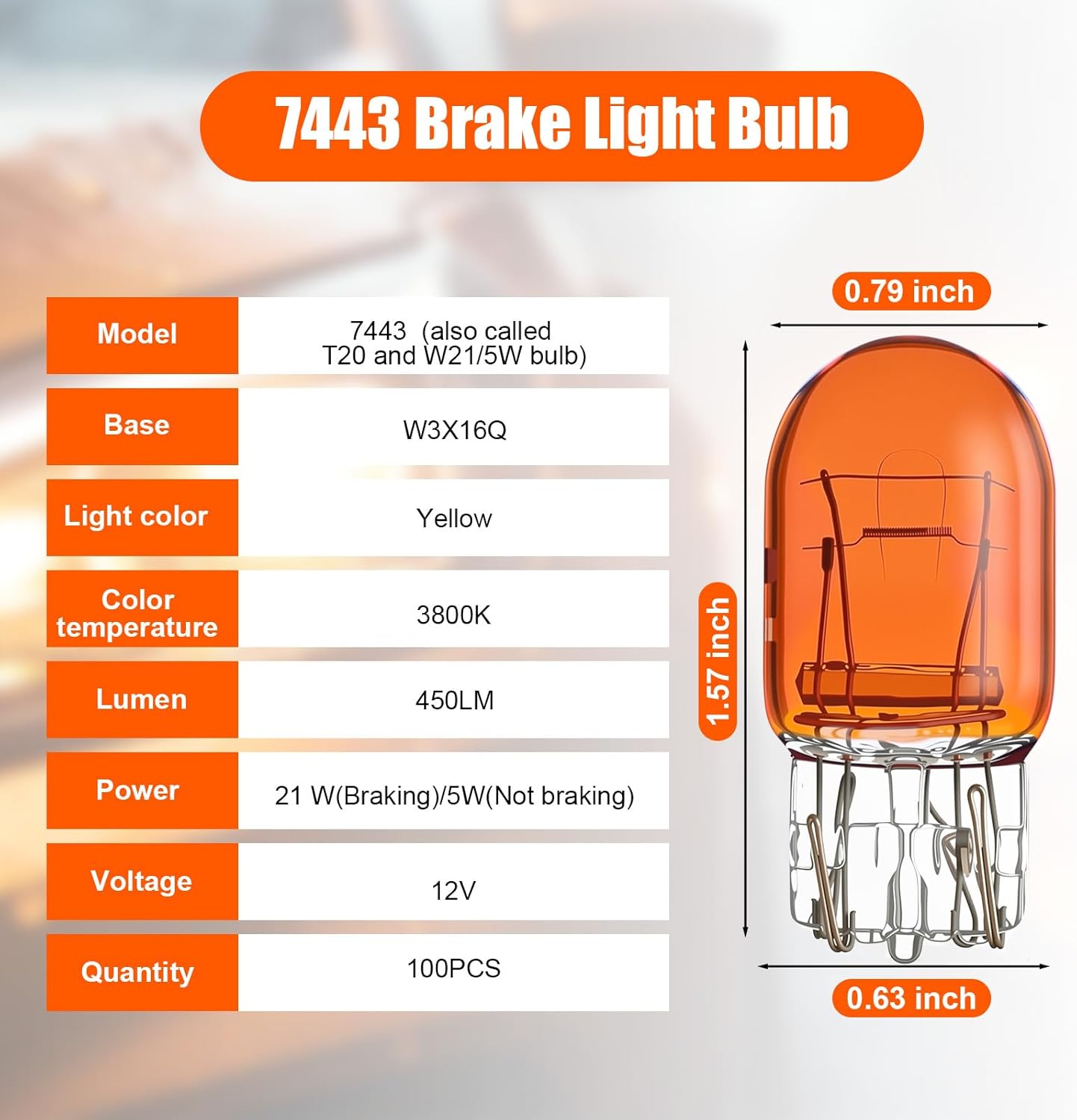 100 Pcs 7443 Brake Light Bulb T20 1891 12v 21/5w Automotive Miniature Brake Tail Light Dual Wire Ultra-bright Turn Signal Daytime Running Lamp Reverse Lights Bulb for Car Truck SUV (Amber)