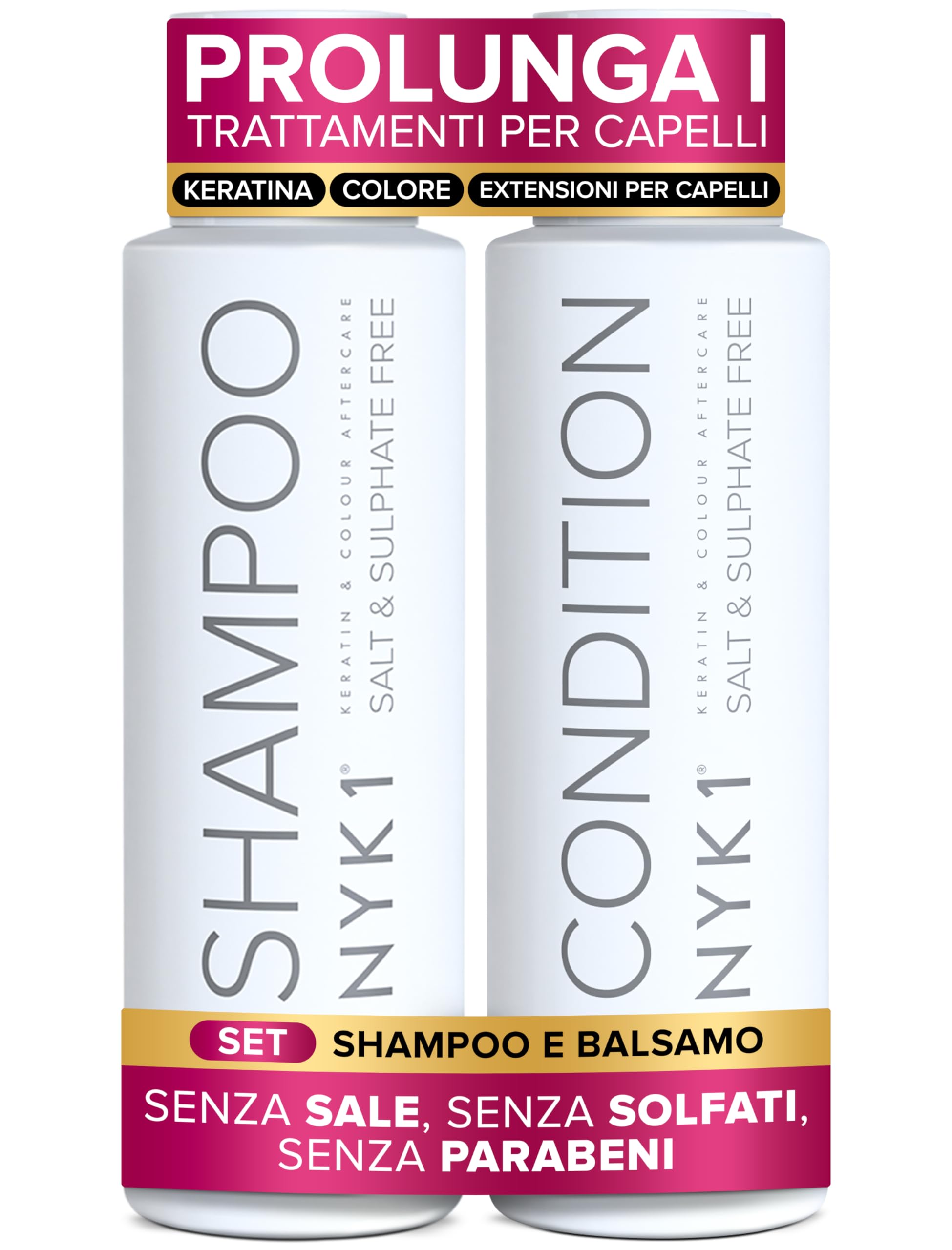NYK1 Set Di Shampoo Senza Solfati E Balsamo (500ml x 2) Set Di Shampoo Senza Sale Post Cheratina E Balsamo Per Extension E Capelli Colorati - Detersione Delicata E Previene La Rottura Dei Capelli