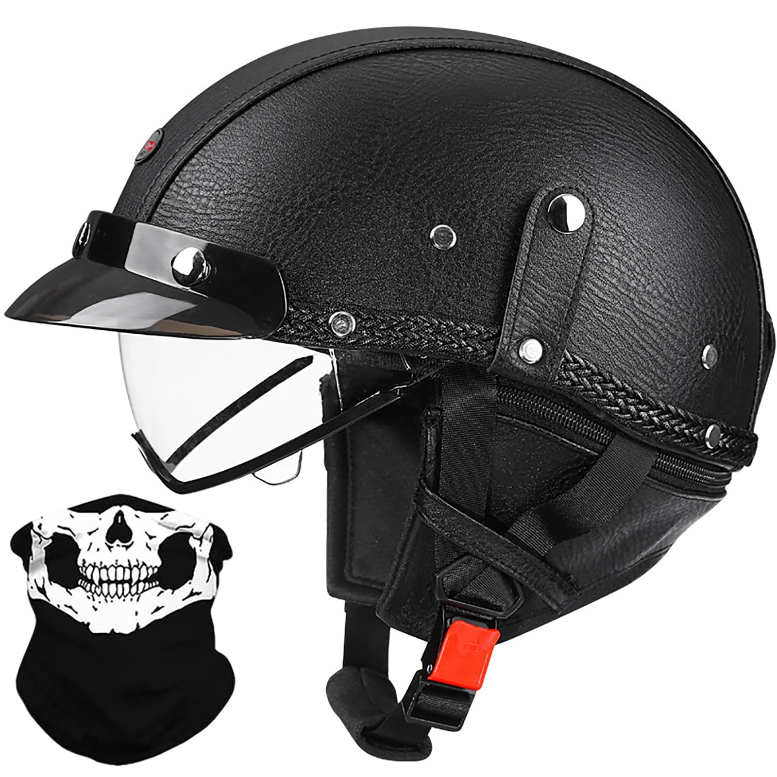 Demi-Casque Moto Rétro Casque Ouvert en Cuir Allemand, Homme Femme Vélo Cruiser Chopper Mobylette Scooter Casque Demi-Coquille Vintage avec écharpe Amovible, Homologué ECE 57-64cm