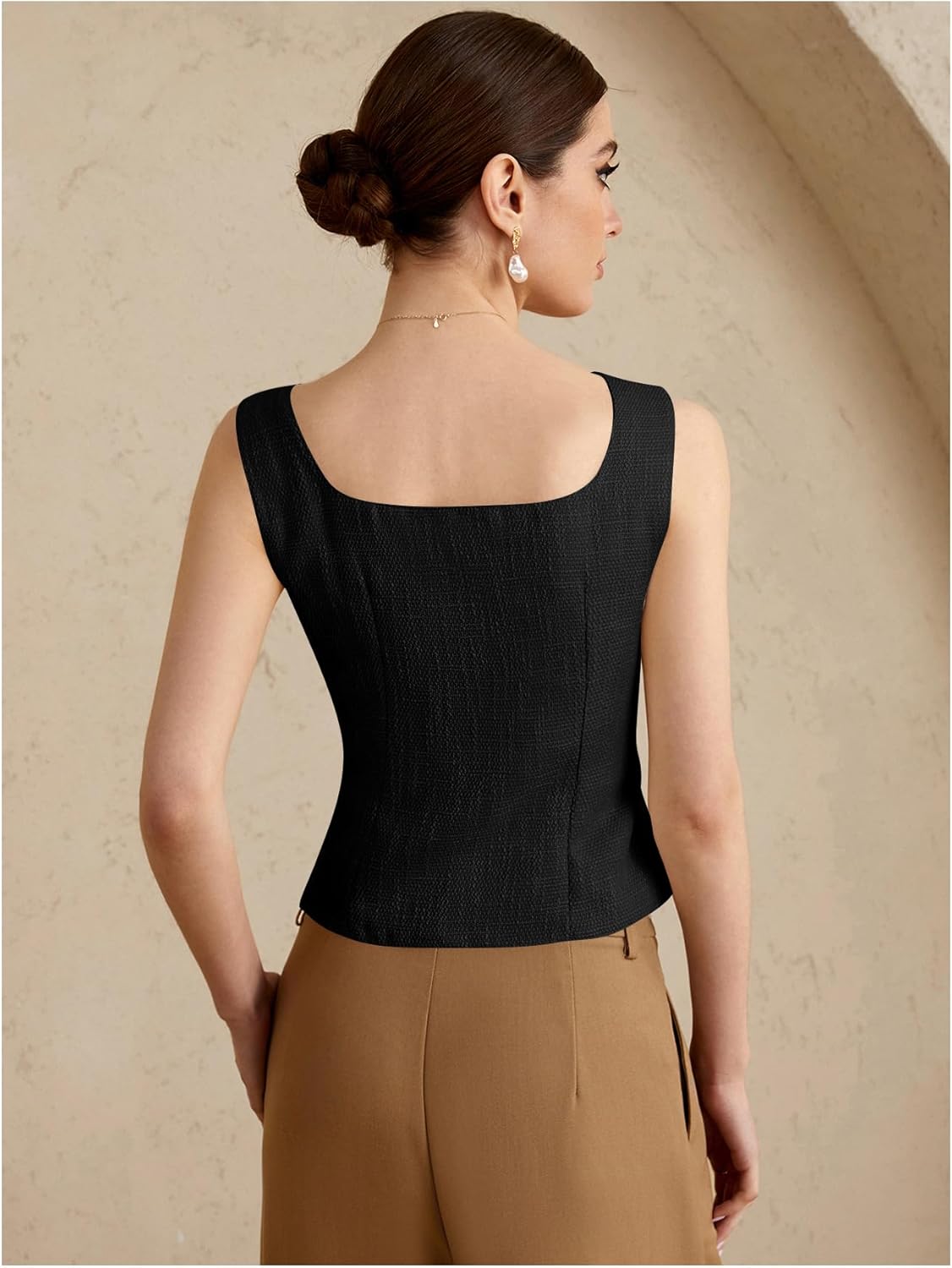 Women's Square Neck Button Down Blouse Sleeveless Split Hem Business Casual Vest Top