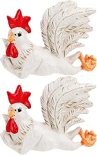 Coloch 2 Pack White Rooster Statues with Enchanting Posture, Lying Rooster Table Decor Cock Sculpture Funny Rustic Resin Chicken Ornament for Housewarming Gift, Decoration