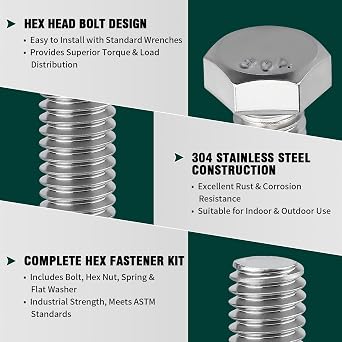 (5 Sets) 1/2-13 x 1-1/2 Hex Bolt and Nut Kit, 304 Stainless Steel (18-8), Fully Threaded, Flat & Lock Washers Included