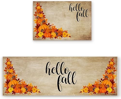 Miniatura 2 de Alfombras de cocina de Acción de Gracias, absorbentes, antideslizantes, para piso, diseño de hojas de otoño y calabaza, retro, alfombra y tapetes de