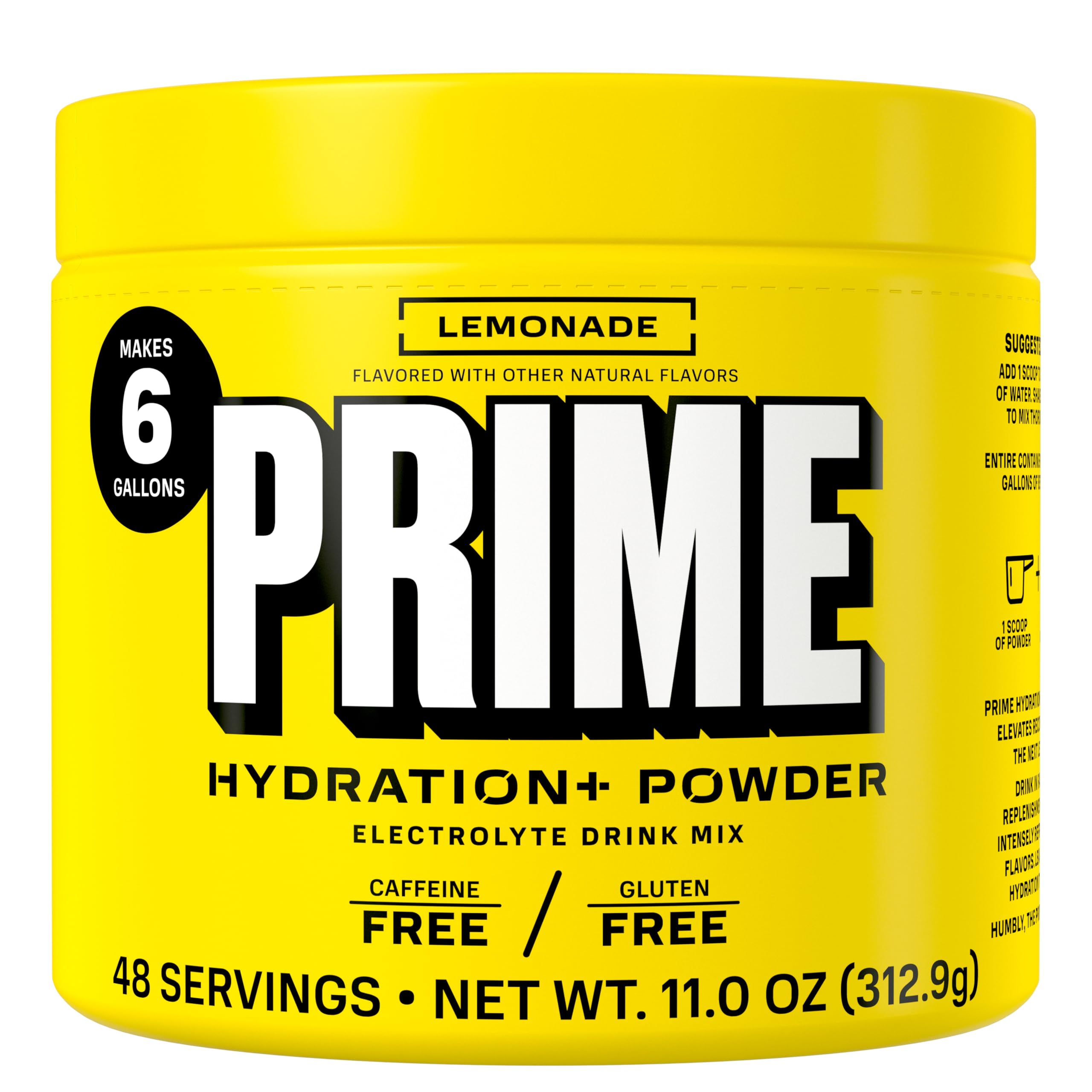 PRIME HYDRATION+ Electrolyte Powder, Lemonade, Sugar Free Hydration Drink Mix with Potassium, Magnesium & B Vitamins to Replenish Fluids, Caffeine Free, 6 Gallon Tub, 48 SRV
