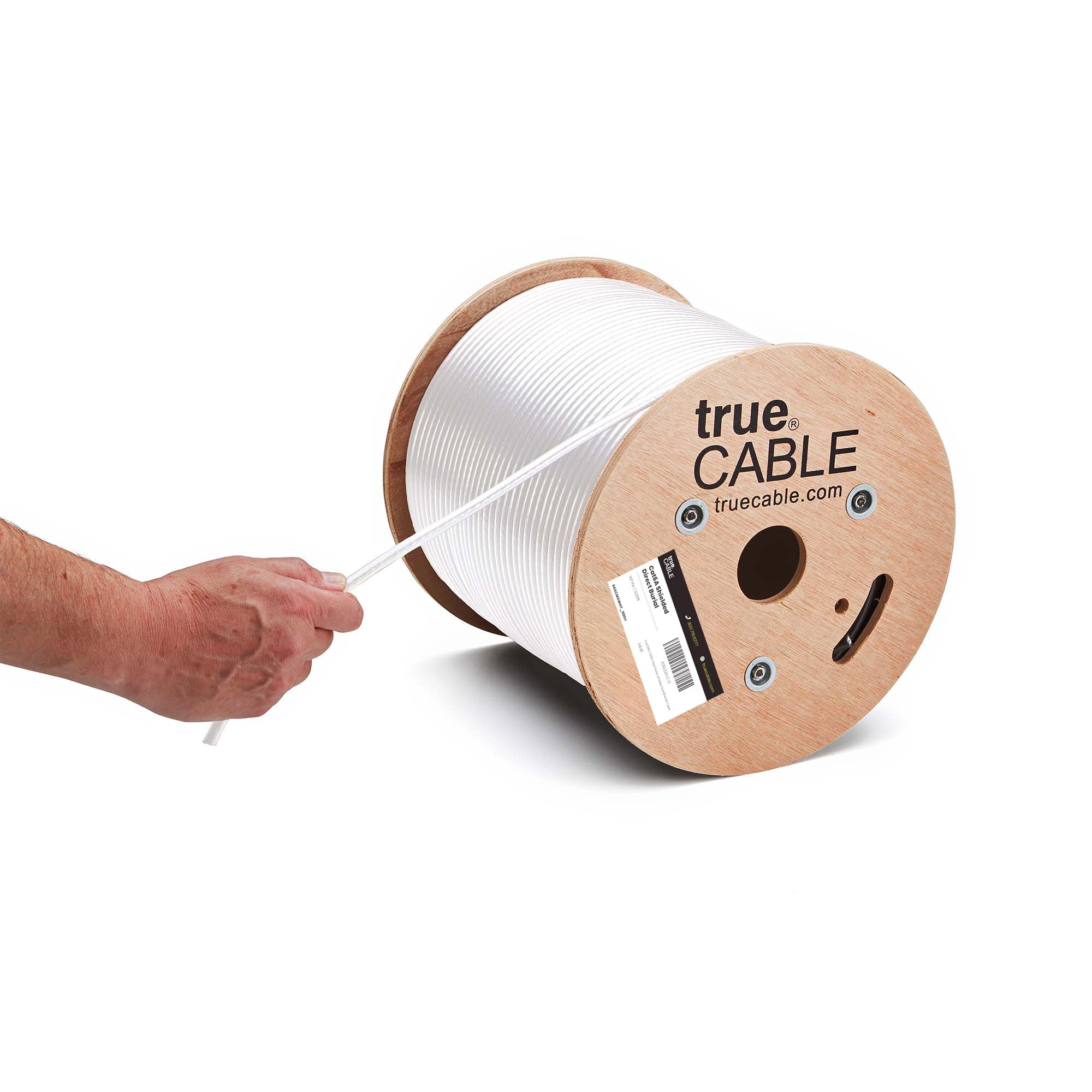 trueCABLE Cat6A Sepoltura diretta, FTP schermato, 152,4 m, impermeabile, CMX per esterni, bianco, rame nudo solido 23AWG, 750MHz, PoE++ (4PPoE), elenco ETL, cavo Ethernet sfuso