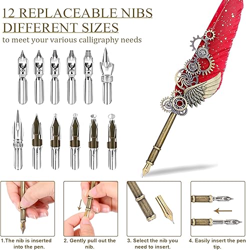 Miniatura 3 de AIYNC Juego de tinta de plumas, bolígrafo y juego de tinta que incluye bolígrafo mecánico y bolígrafo de inmersión de madera, 5 colores de tinta, 12