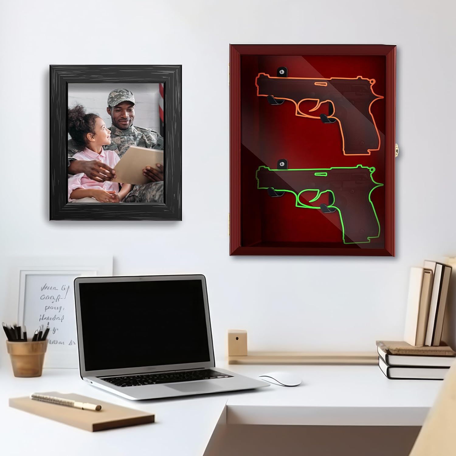 Gun Display Case with Lock Wall Mount Wooden Pistol Display Case W/ 98% UV Protection Acrylic Clear Door Gun Shadow Box Stand Rack Holder for Collection (Reddish Brown,2gun Displaycase)