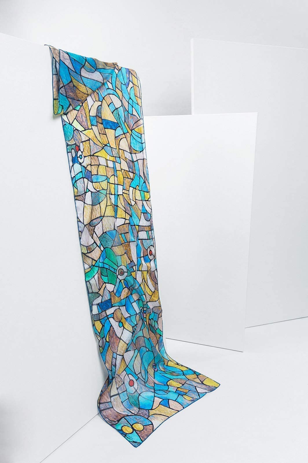 Magnifique foulard en soie à motif artistique bleu et turquoise