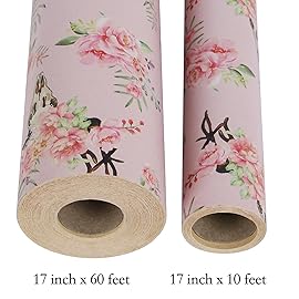 Aimyoo Pink Skull Floral Kraft Wrapping Paper Roll, All Occasion Flower Gift Wrap Paper for Birthday Wedding Bridal Shower 17 in x 10 ft