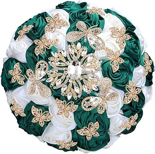 Golden Brooch Rinestine Bouquets Bride Holding Bouquet Bridesmaids Bouquet Dark Green Satin Roses with Crystal Diamond for Wedding Decoration. (Ivory+Emerald Green)