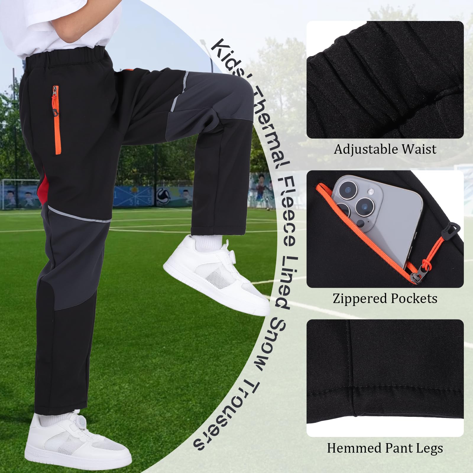 BWBIKE Pantalones de Nieve para Niños con Forro Polar Térmico Forrado al Agua y al Viento, Pantalones de Esquí de Invierno Softshell para Exteriores con Bolsillos con Cremallera para Niños y Niñas