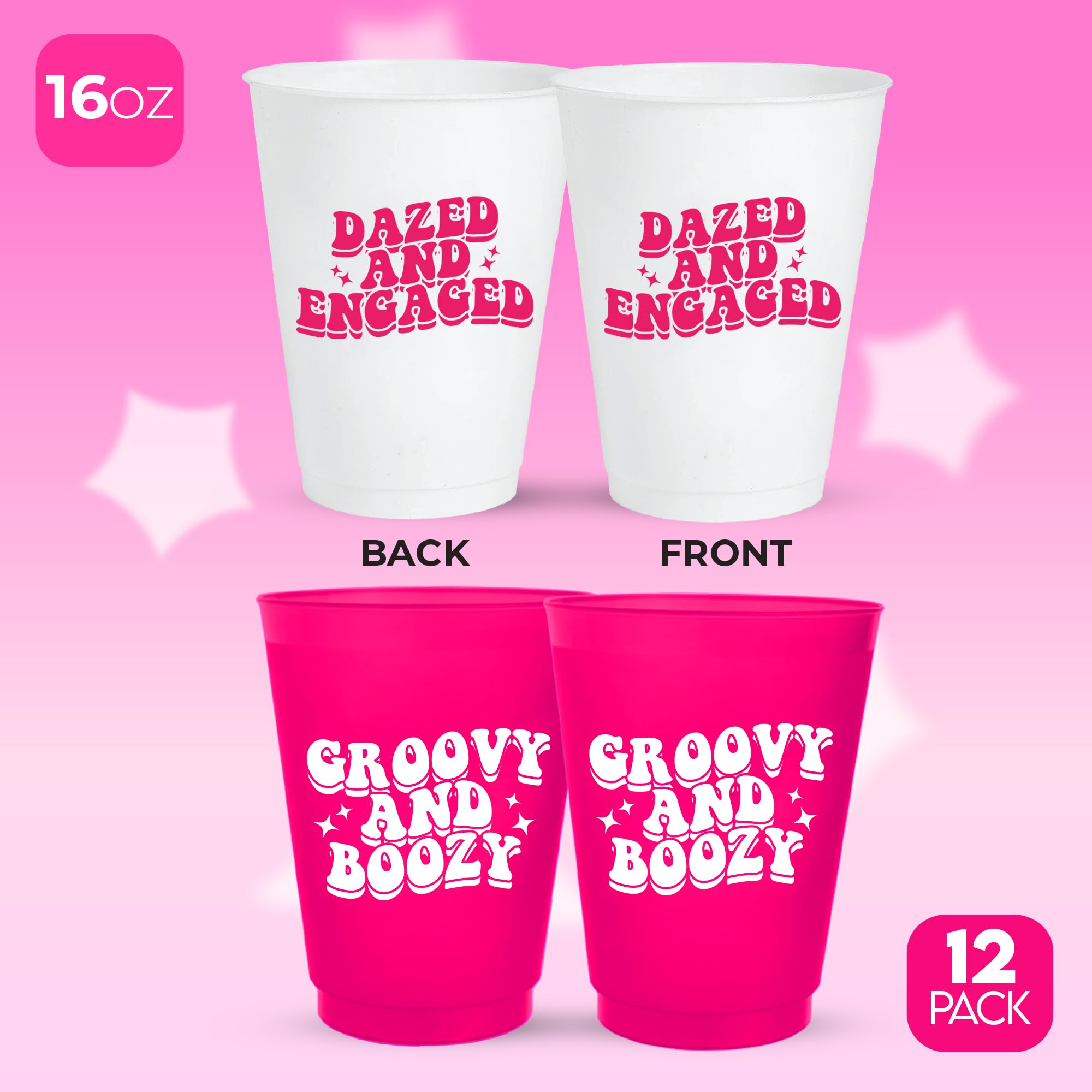 Bachelorette Cups Set of 12, 16 Oz Each, 1 Dazed and Engaged and 11 Groovy and Boozy Cups, Boozy and Groovy Birthday, Bachelorette Party Supplies