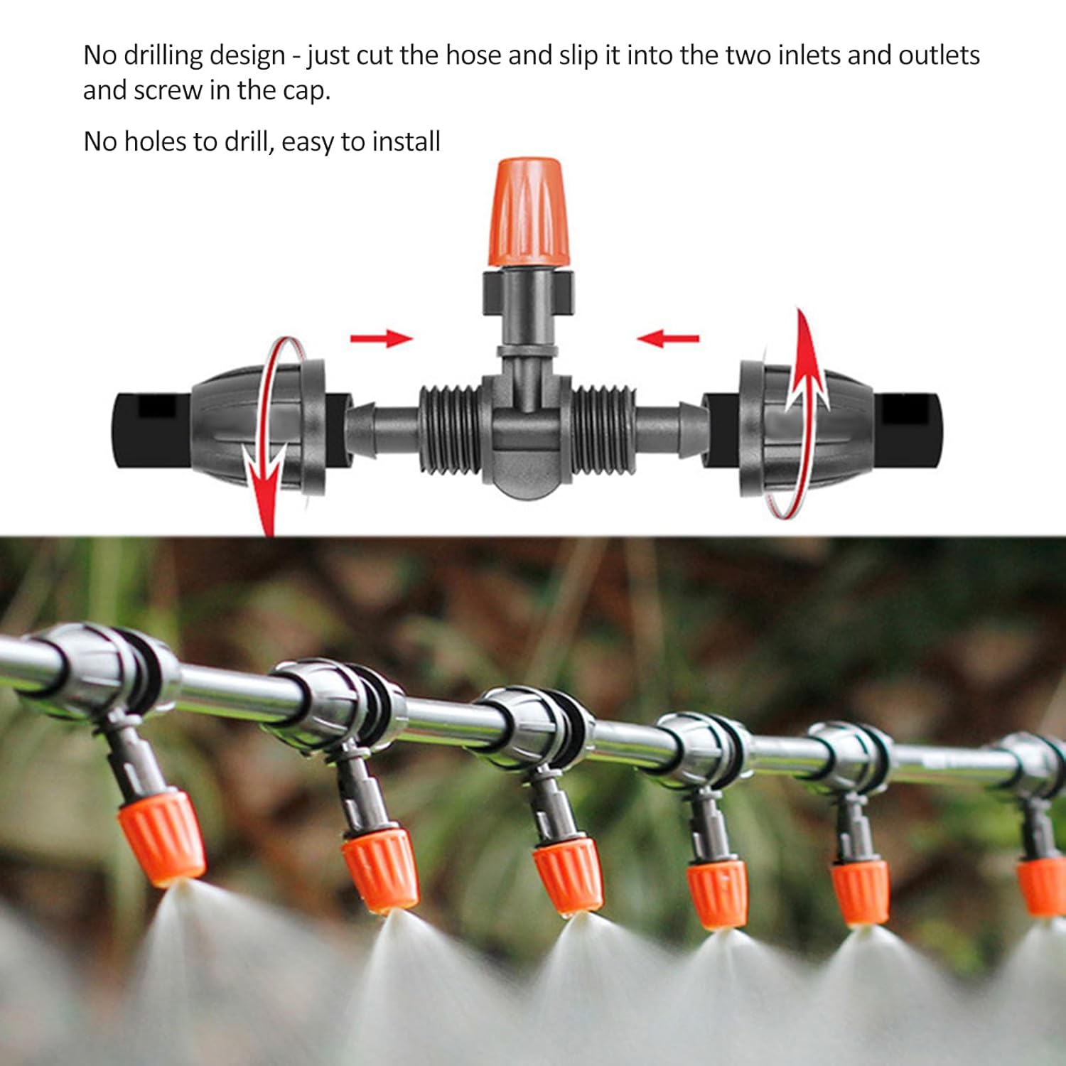 Drip Irrigation Kit for Irrigation Tubing, 3‑Way Joint Connectors and Orange Adjustable Micro Sprinklers, 360 Micro Drip Irrigation Parts for Patio, Lawn, Micro Irrigation System (E)