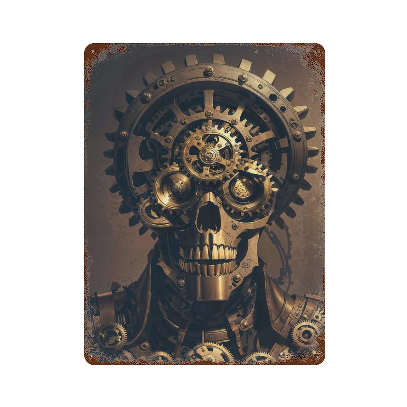 Metallic Steampunk Skull 15.7"x11.8" Aged Metal Wall Plaque, Novelty Wall Decor for Shed, Workshop And Garage Wall Decor