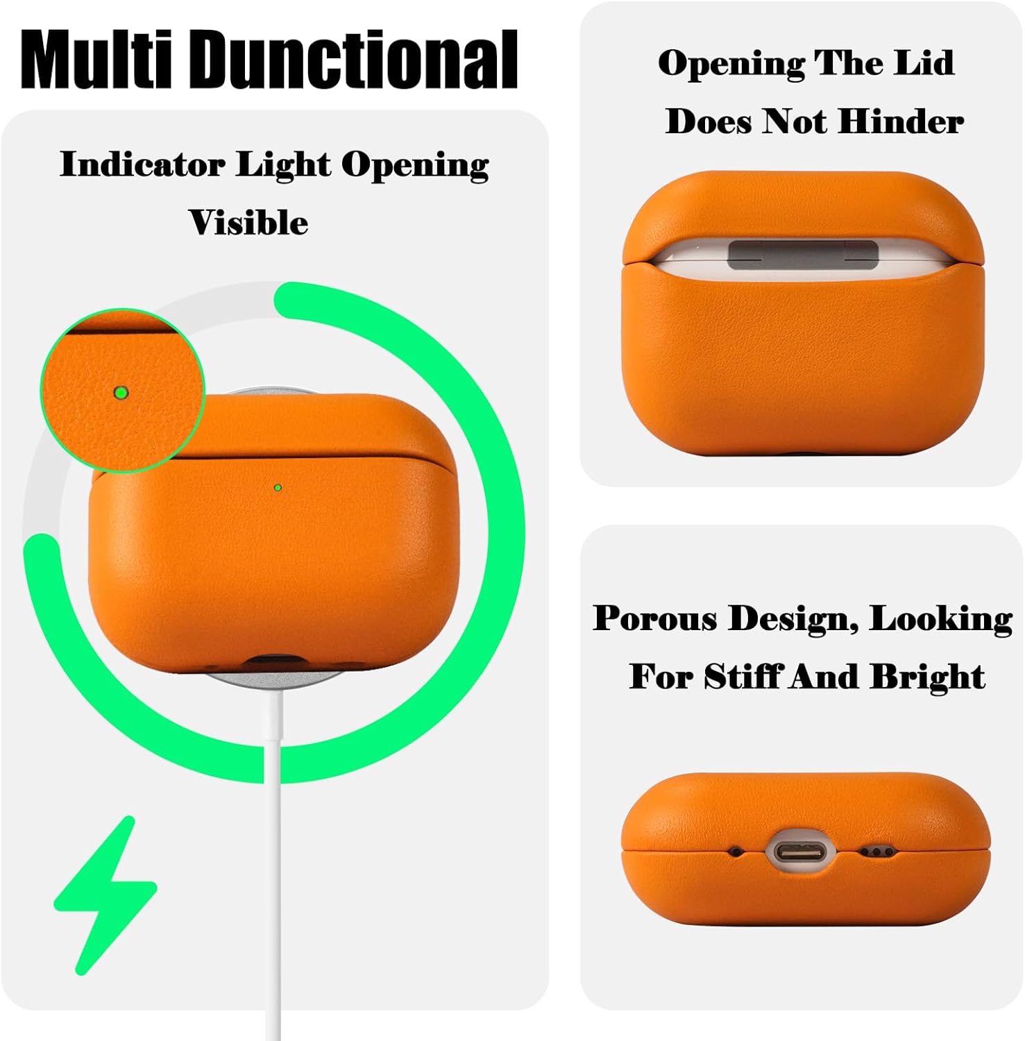 for AirPods Pro 3 (2025) 100% Genuine Leather Case,Full-Grain Leather Cover Case,Handmade Top,Shockproof Protective,Wireless Charging,for AirPods Pro 3rd Gen (Orange, Short Rope)