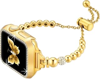 Dilando Gold Bling Band Compatible with Apple Watch 44mm 45mm 42mm Women, Dressy Slim Metal Diamond Bracelet with Case for iWatch Series 7 8 3 6 5 4 2 1&SE(Gold,44mm)