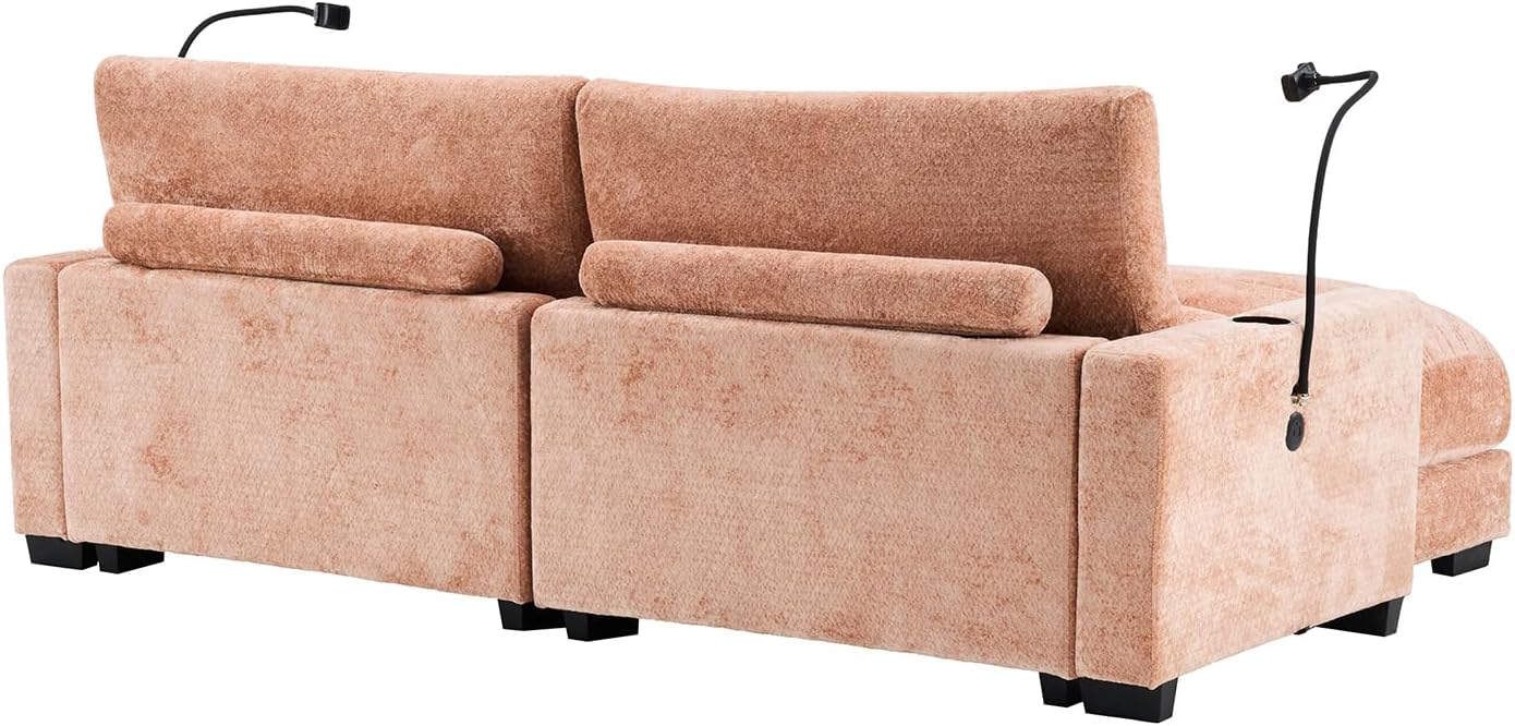 KIVENJAJA Oversized Double Chaise Lounge Sofa, Chenille Tufted Comfy Sleeper Loveseat Couch with Cup Holds, Phone Holders & USB Port for Living Room Apartment Reading Nook, 90.54”W, Light Orange