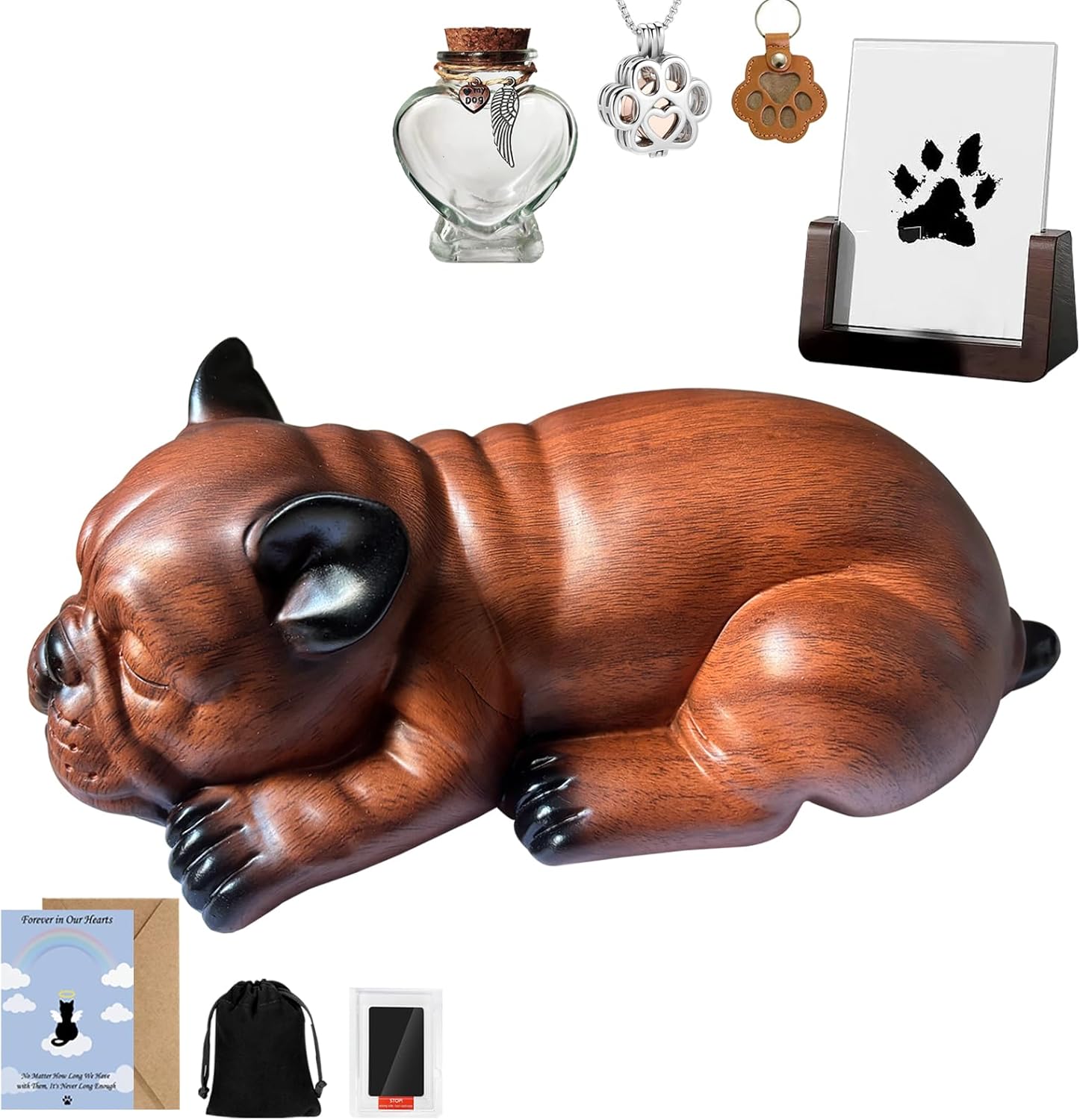 Pet Dog Urns for Ashes, Sleeping Resin Cremation Animal Urn and Sealed Bag, Decorative Funerary Memorial, Fur Keepsake, Ashes Necklace Keychain, Inkless Paw Print Kit, Picture Frames (French Bulldog)