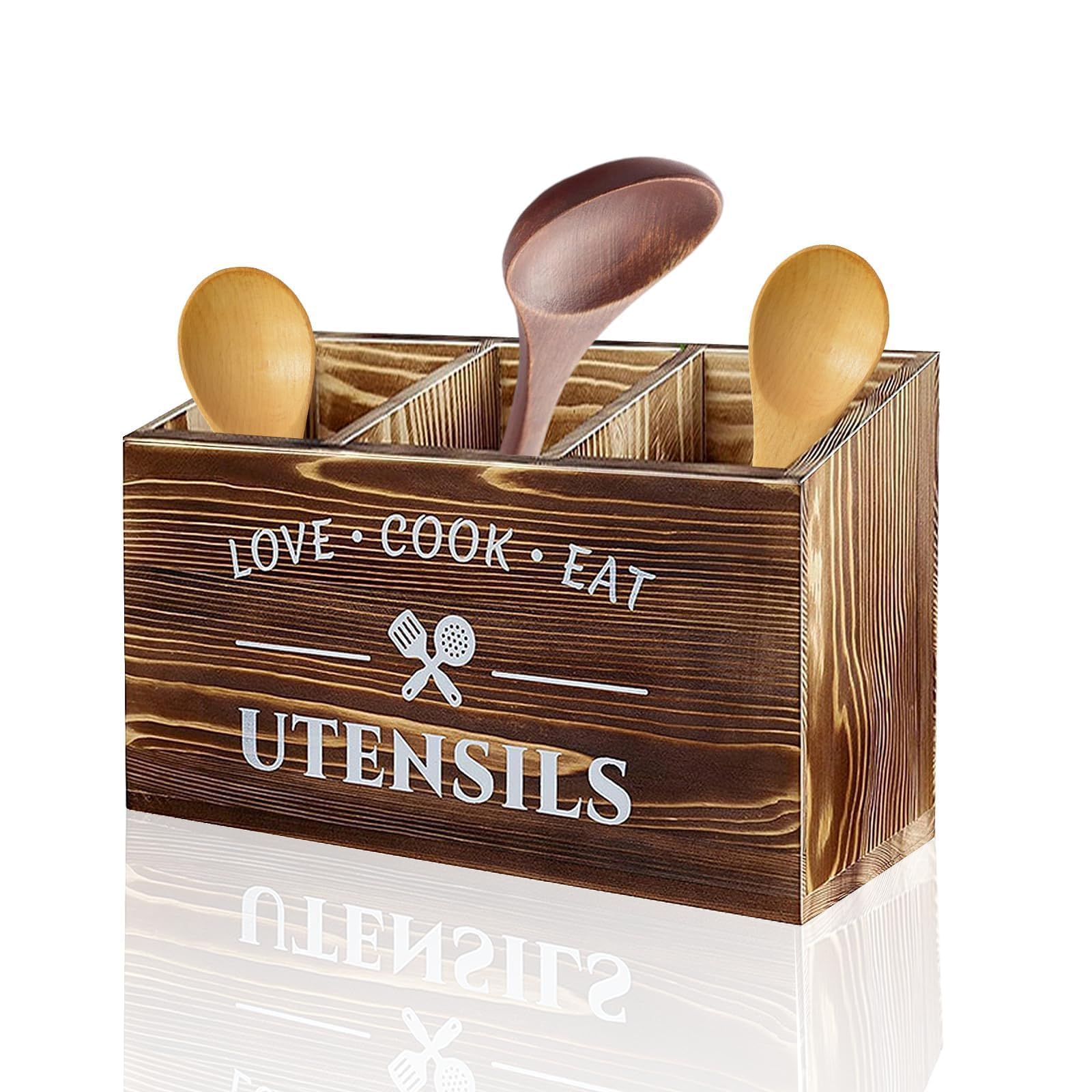 Portautensili Da Cucina Per Piano Di Lavoro, 3 Scomparti Porta Utensili In Legno, Organizer Per Utensili Da Cucina, In Legno Con Fondo Di Drenaggio, In Rustico (Marrone)