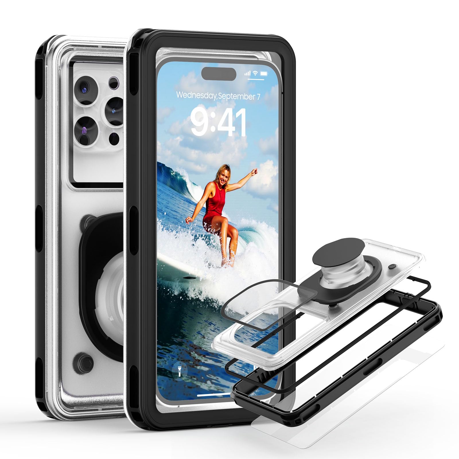 APRUT Custodia impermeabile per telefono da 7,5 pollici, 2025, custodia impermeabile IPX8 per snorkeling, misura universale per iPhone 16 Pro Max 15 14 13, Galaxy S25, vacanze al mare essenziali (nero