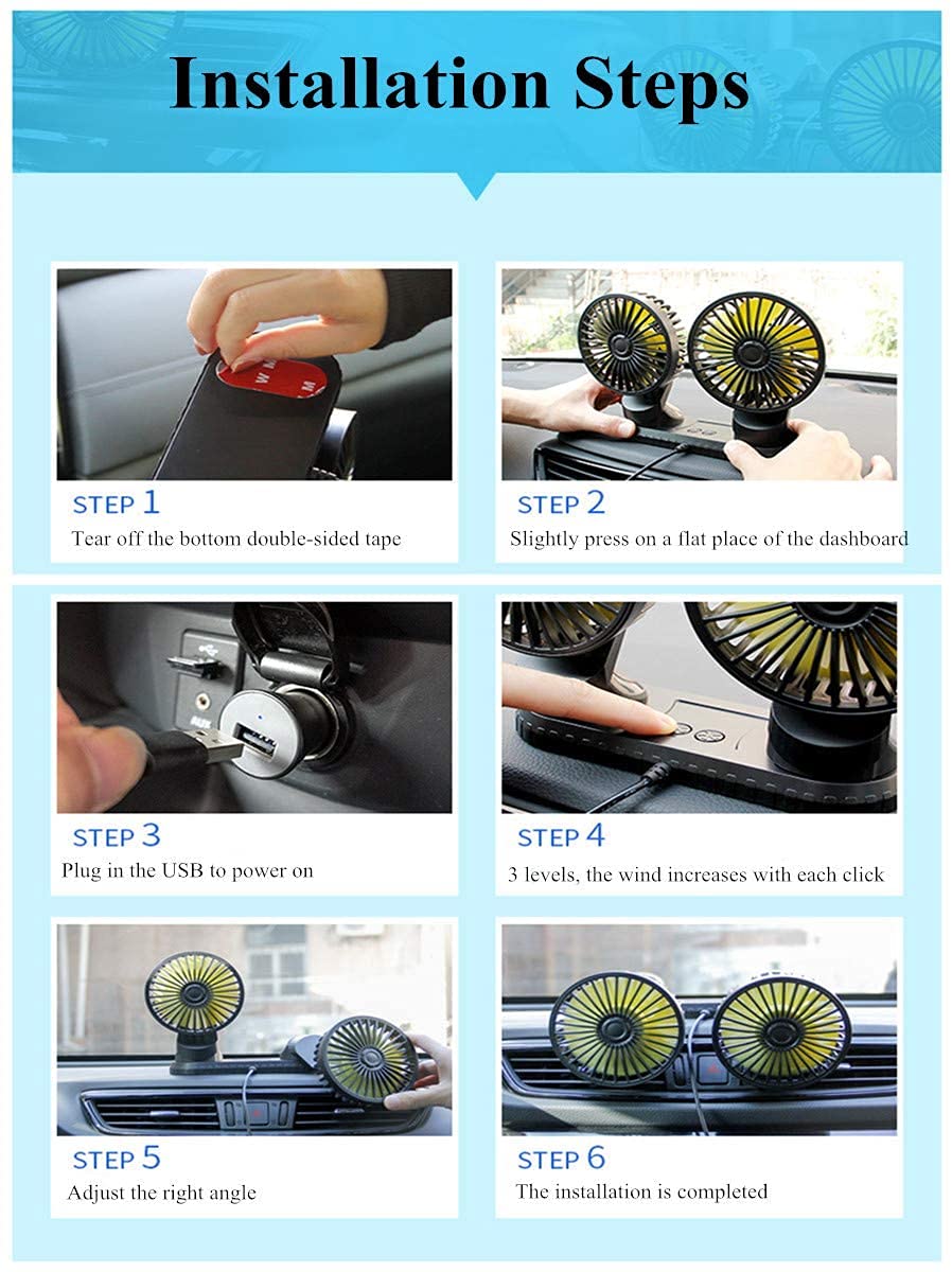Queta Ventilateur de Voiture à Double Tête 5V Ventilateur de Refroidissement de Voiture avec Câble USB,3 Vitesse et Rotation à 360 Degrés,Réglable pour Véhicule/Bureau -Noir