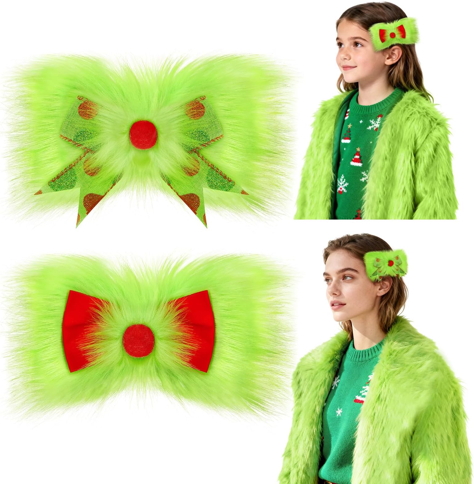 - 2 Pcs Green Christmas Tree Decorations Bow with Clips,6 Inch Green Furry Ball Hanging Christmas Ornaments for Women Girls Festive Holiday