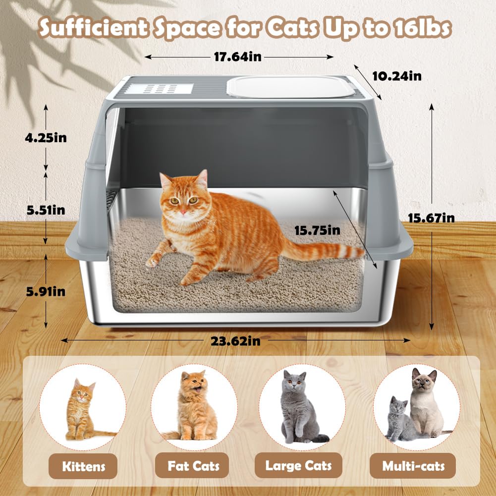 Vivifying Stainless Steel Litter Box with Lid, XL Front Entry Enclosed Extra Large Litter Box for Big Cats & Kitty, Top Exit Metal Cat Pan with Scoop, Mat, Trapping Step, Charcoal Filter (Gray) - image 2