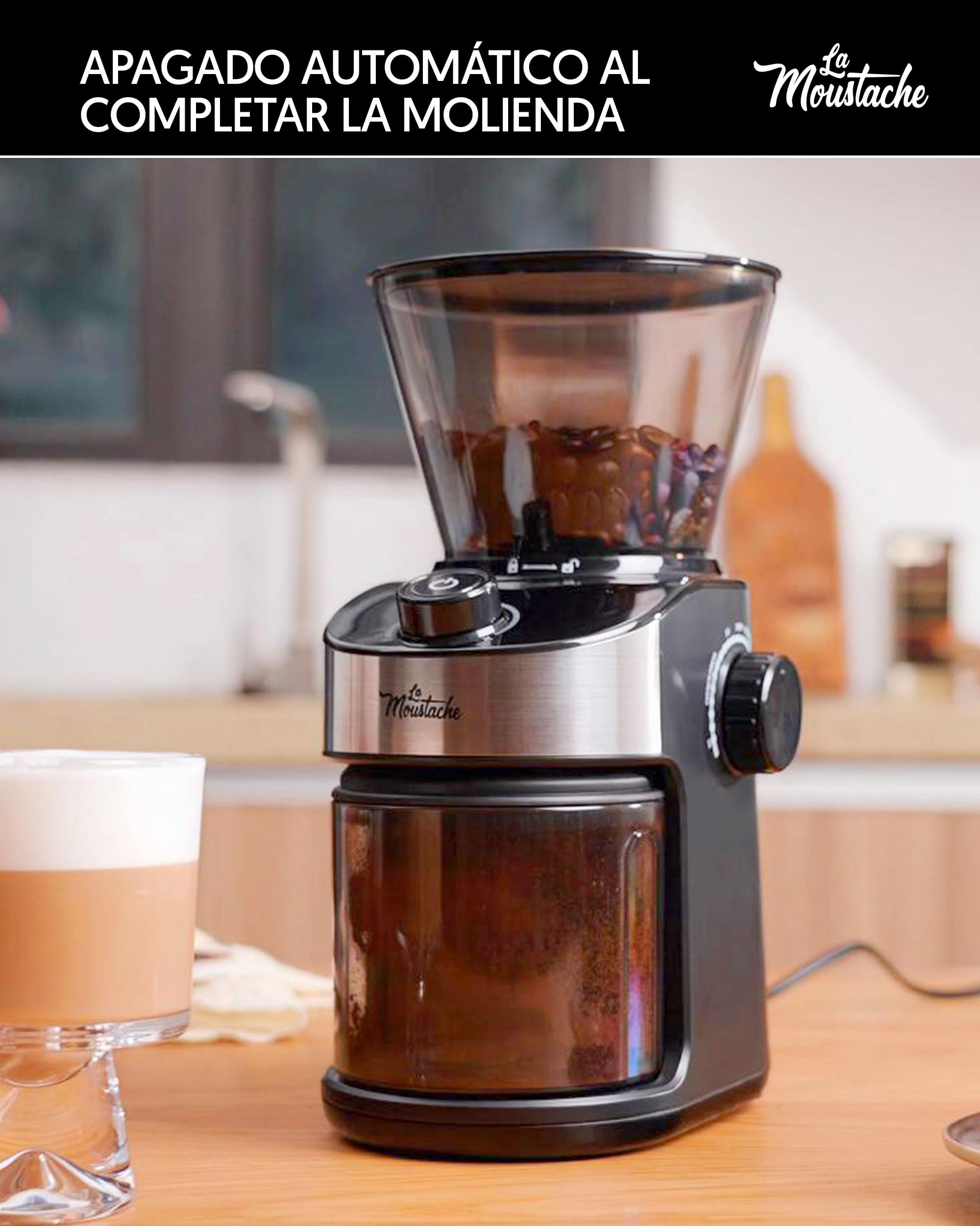 La Moustache - Molinillo de Café Eléctrico 200W con Mecanismo Plano de Acero Inoxidable 190g | 25 Grados de Molido【Bajo Ruido】Contenedor Transparente, Temporizador y Cepillo (GrindMaster Black)