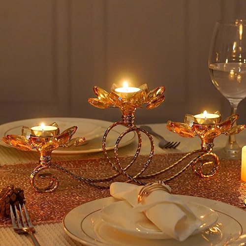 Miniatura 4 de Juego de 2 candelabros votivos de cristal dorado para velas de té, 3 brazos en forma de flor, para centro de mesa, boda, fiesta y decoración del