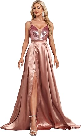 XUIBOL Womens Glitter V-Neck High-Low Satin Prom Dress with Sequin Long Formal Evening Gown Wedding Guest Dress