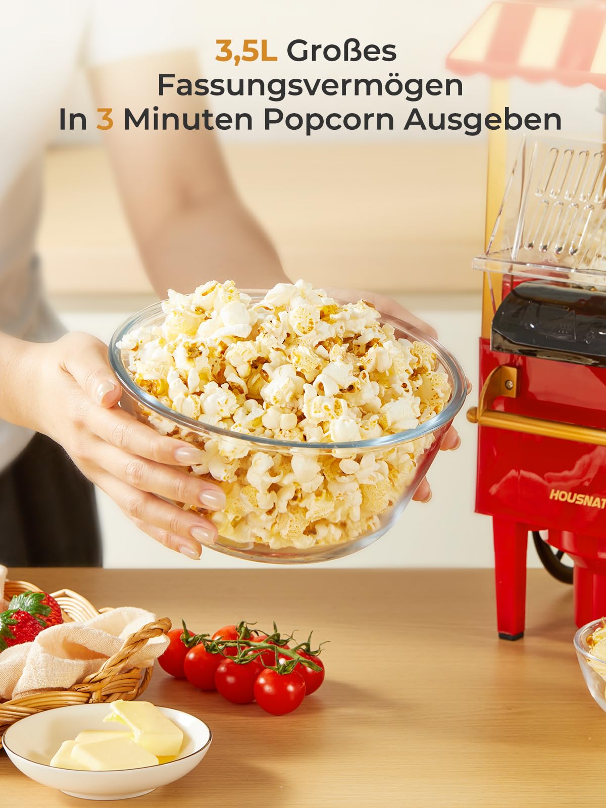 3,5L Popcornmaschine, HOUSNAT 1200W Heißluft Popcorn Maschine, Fettarme Ölfreie Popcorn Snack, Popcorn in 3 Minuten Genießen – Ideal für Zuhause und Feiern