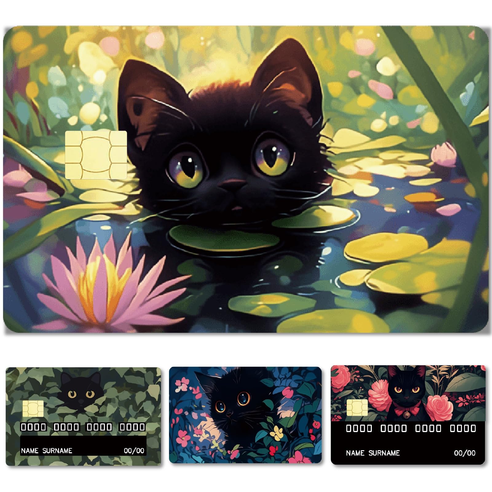 CREATCABIN 4Pcs Black Cat Credit Card Skin Flower Debit Card Cover Sticker Plants Leaves Personalizing Bank Cards Protecting Removable Wrap Waterproof No Bubble for Transportation Key Card 3.3x2.1Inch