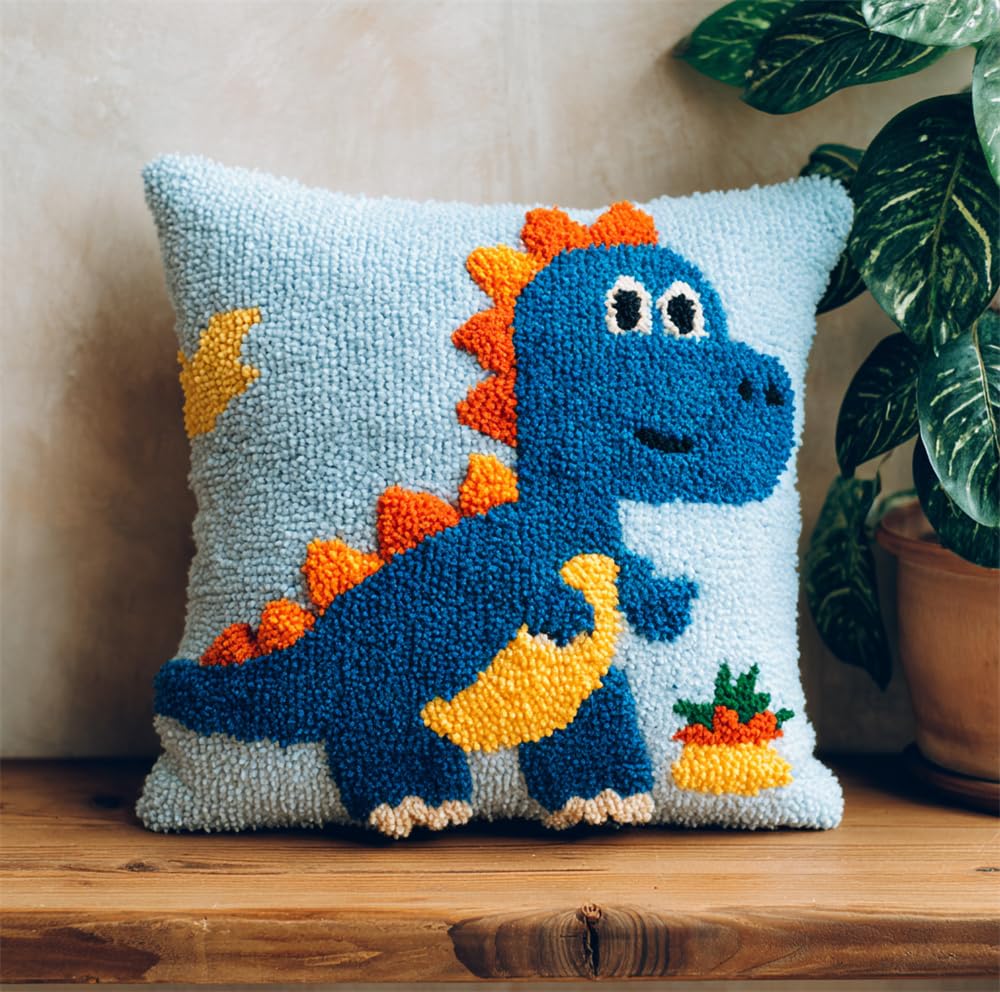 Taxpy DIY Latch Hook Kits 17X17 Inch, Dinosaur Pattern Printed Throw Pillow Case Cushion Cover - Home Decoration Crochet Needlework Crafts with Latch Hook Tool for and Adults