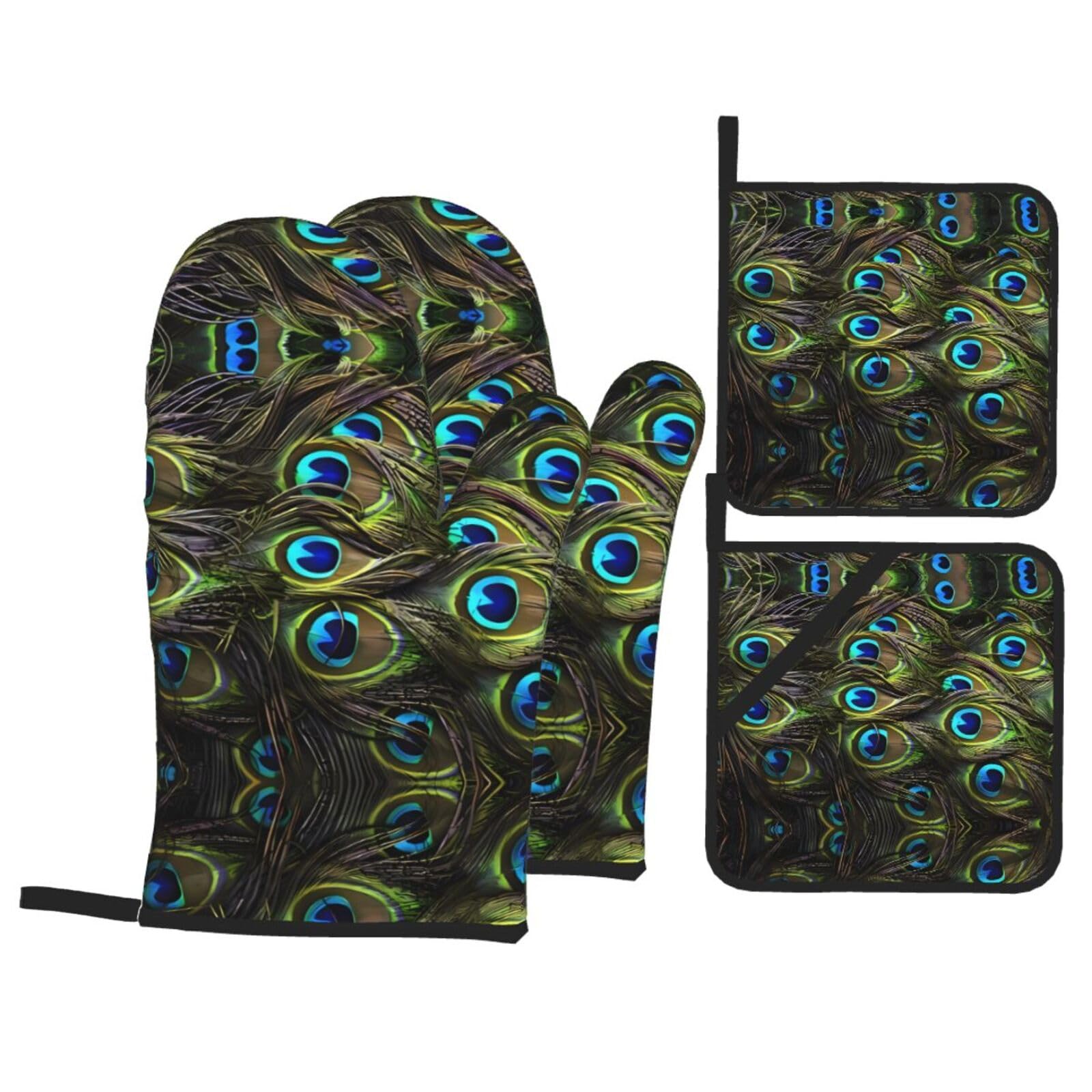 WHJSSF Fresh peacock Prints Kitchen Baking Set - 4-Piece Heat Protection Layers with Waterproof Potholders for Oven, Grill & Serving