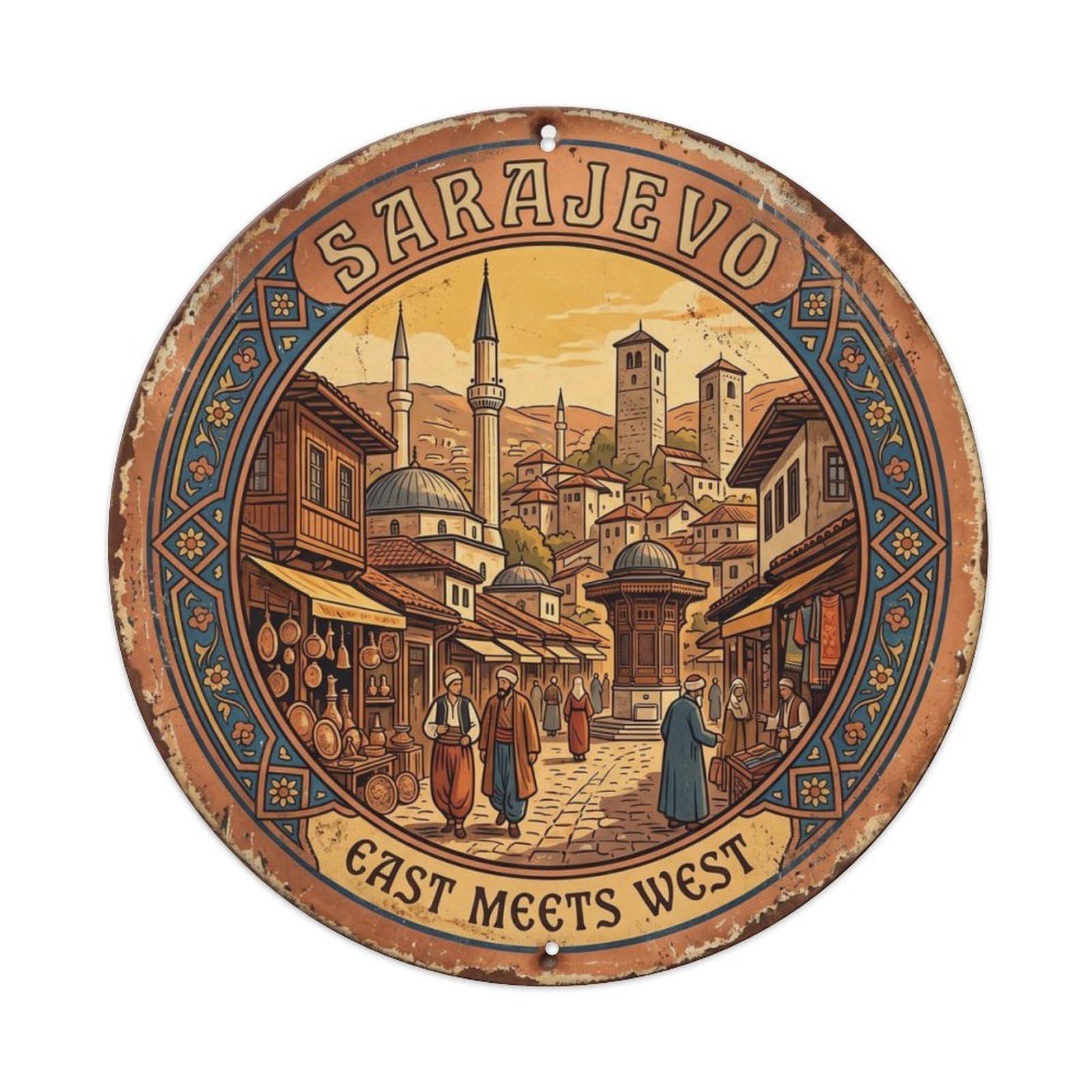 Vintage Travel Sarajevo Bosnia Town Metal Tin Sign Plaque Wall Decor for Cafe, Club, Garden Round Metal Poster 8x8Inch