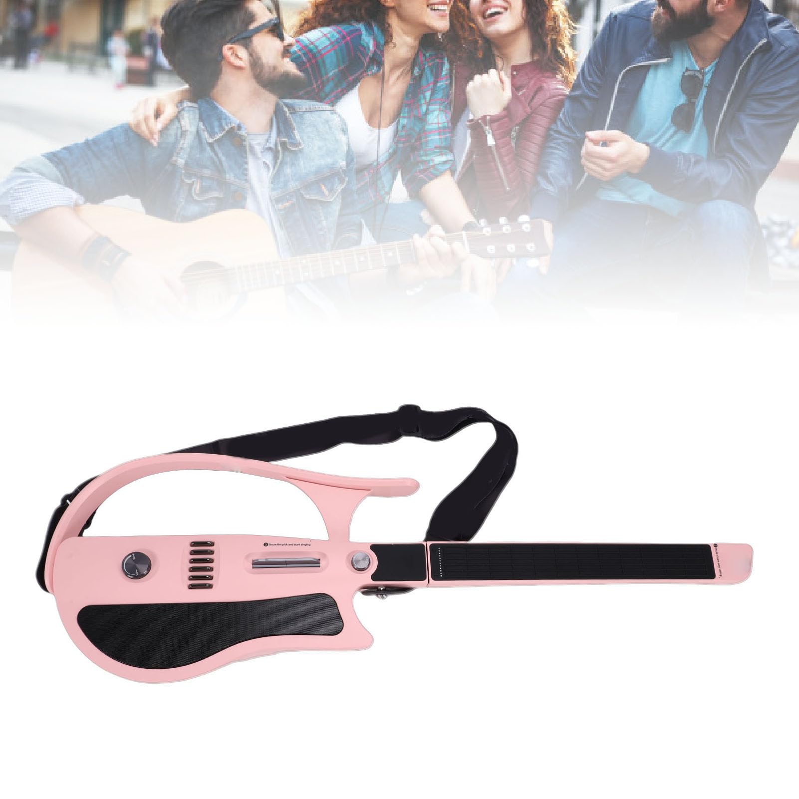 Luocute Chitarra Intelligente Senza Corde, Chitarra da Viaggio Pieghevole con App Fogli di Accordi Interattivi e Drum Machine Integrato per Principianti Adulti Adolescenti Rosa