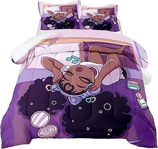 Black Girls Magic Comforter Sets, African American Girl Love Music Purple Designs Soft Fluffy Comforter Duvet, Full Size Afro Pretty Girls Comforter Set for Teens Kids Princess Cute Room Decor