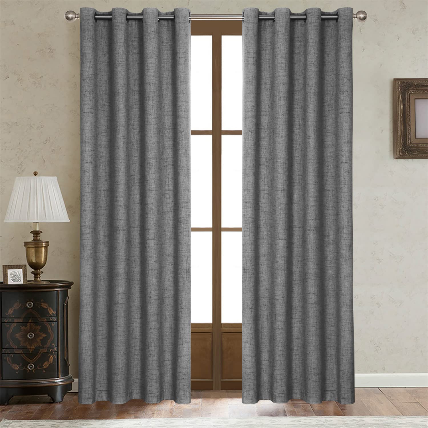 LOYOLADY Grey Linen Blackout Curtains 102 inches Long 2 Panels Set Thermal Insulated Curtains for Living Room Grommet Noise Reduce Curtains for Bedroom 52" W x 102" L