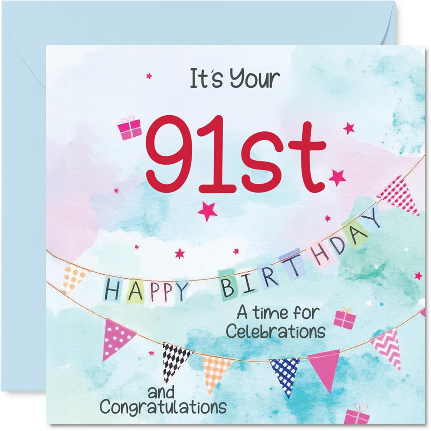 91st Birthday Cards for Men - Party Bunting - Happy Birthday Card for 91 Year Old Man Great Grandad Dad Grandpa Grandad, 145mm Bday Greeting Cards