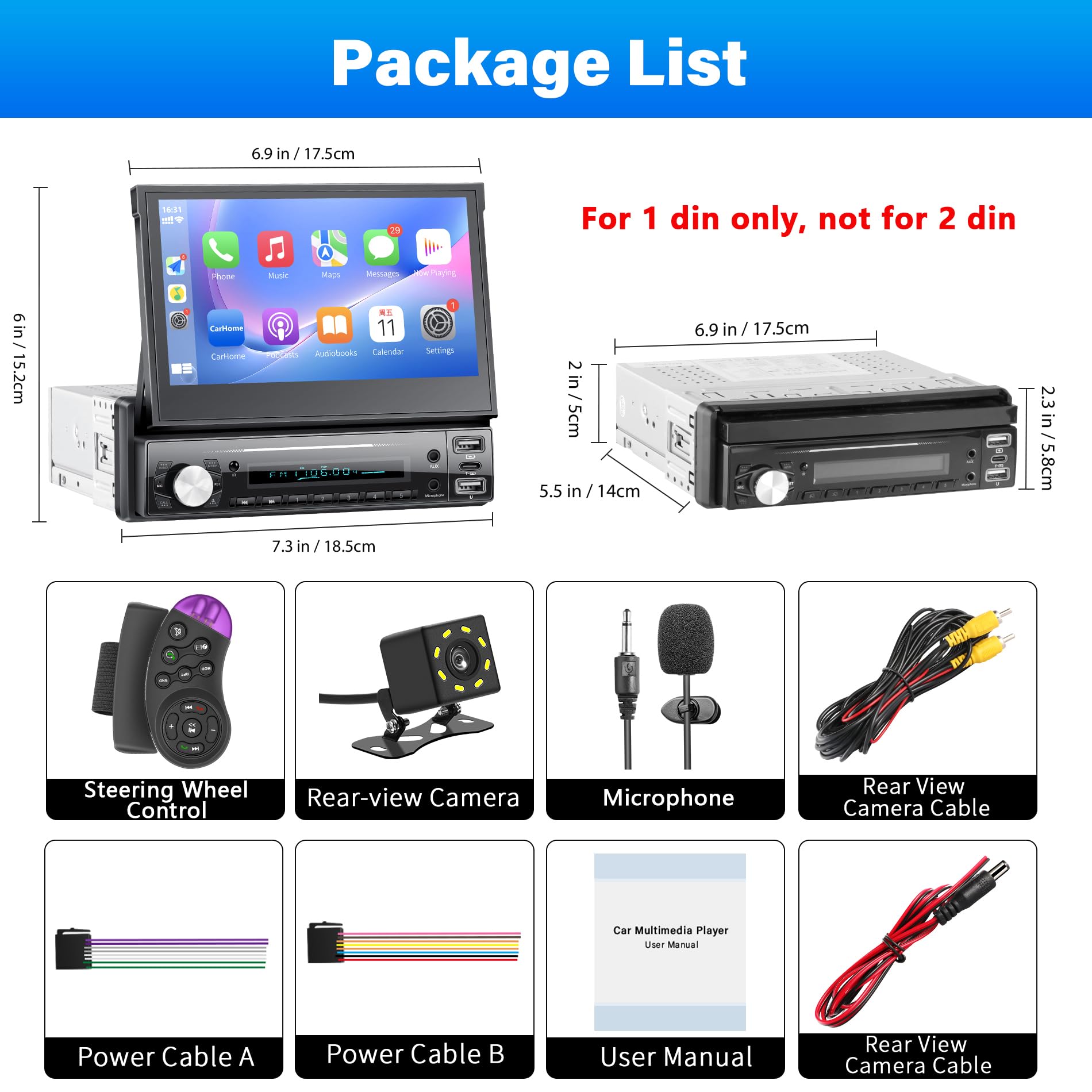 Autoradio 1 DIN con schermo con Carplay Wireless ＆ Android Auto, 7 Pollici Touchscreen Stereo Auto, Mirror Link, FM/AUX/EQ, Microfono, Telecamera di backup
