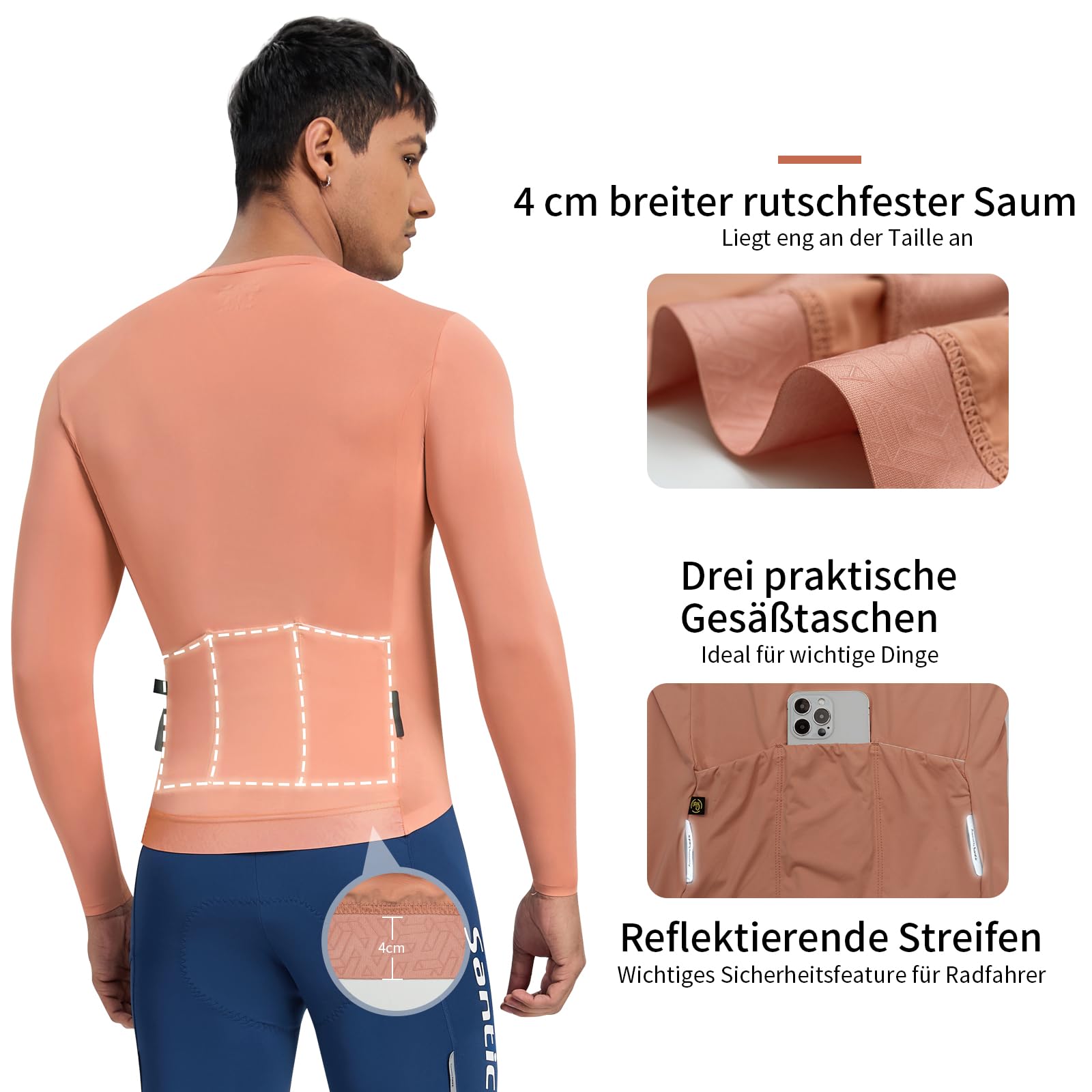 Santic Maglia da ciclismo da uomo, traspirante, a maniche lunghe, da ciclismo, con 3 tasche