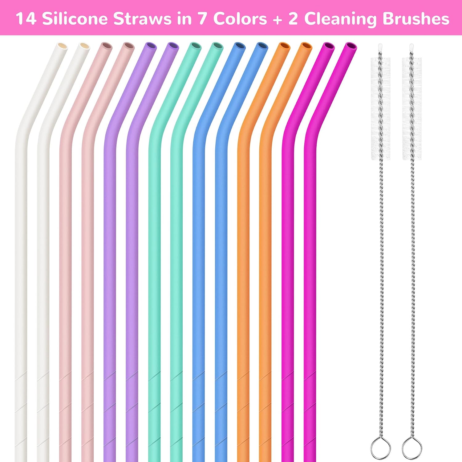 NiHome 14PCS Silicone Straws Fit for Stanley 40oz 30oz Tumbler, 14” Extra Long Reusable Drinking Straw, Flexible Can Cut Length for 1/Half Gallon 75 64 OZ Large Water Bottle - 2 Brushes (Rainbow)