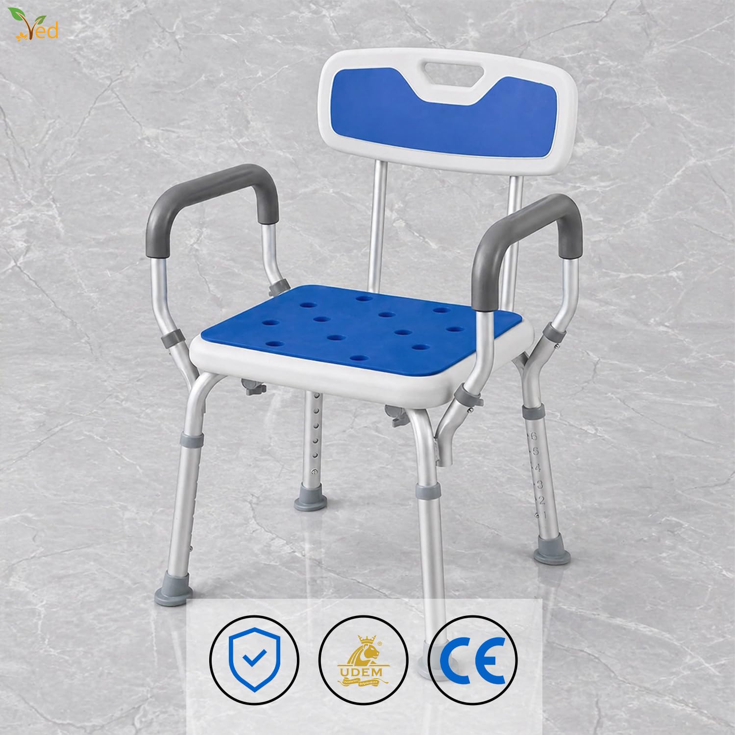 VED Duschstuhl | 6-Fach höhenverstellbare Duschbank | Inklusive gepolsterter Armlehne | rutschfeste Füße | Badewannenhocker für Senioren, Behinderte und Schwangere,(330 lb Capacity 43D x 12W x 50.6H)
