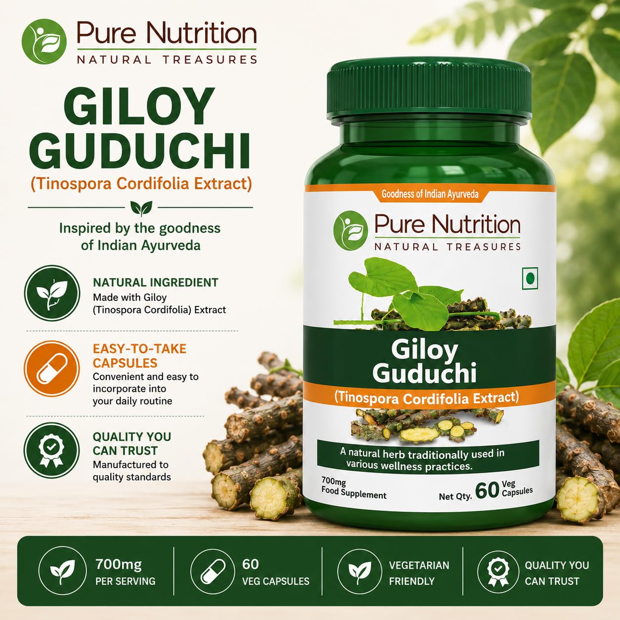 Pure Nutriton Giloy Guduchi Extract 700mg Capsule. (Equivalent to 5200mg Giloy Powder). Non GMO | Once Daily | 60 Days Supply. — Amazon image 3