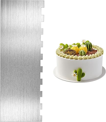 Aster Rascador de pasteles de acero inoxidable de doble cara con borde estampado, raspador de rayas de 8.6 pulgadas, astilla de metal, peine más